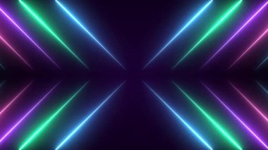 Parlak neon ışınları ve siber punk tarzında parıldayan çizgileri olan soyut bir arka plan. Siber neon mavi, pembe, yeşil ve mor ışınlar ve parlayan çizgiler canlandırıldı. Neon Light Line Technology, çizgi animasyonu 4K Arka plan Videosu