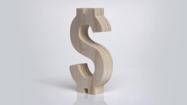 Rotación de símbolo de dólar de madera sobre un fondo blanco — Vídeo de stock