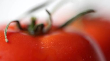 Makro iki taze domates üzerinde beyaz artalanları vurdu.