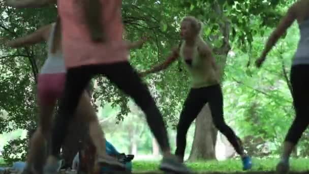 Ομάδα focusless γυμναστήριο που εργάζονται έξω και να χορέψουμε στο πάρκο σε μια ηλιόλουστη ημέρα — Αρχείο Βίντεο