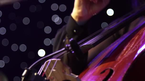 Concierto, un músico pellizcando las cuerdas violonchelo, los dedos cierran . — Vídeos de Stock