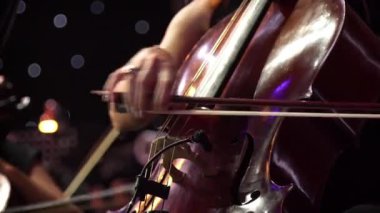 Bir sürü iş arkadaşları ile konser sahnede Çello çalan kadın müzisyen.
