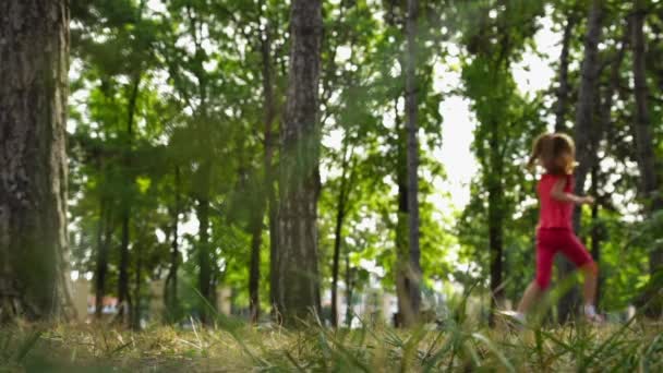 Fille courant dans le parc au milieu des arbres. Fusillade déconcentrée . — Video