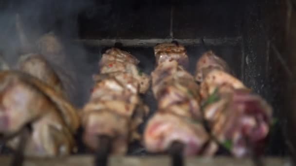 Skewers grilled on the outdoor barbecue fireplace — Stock Video