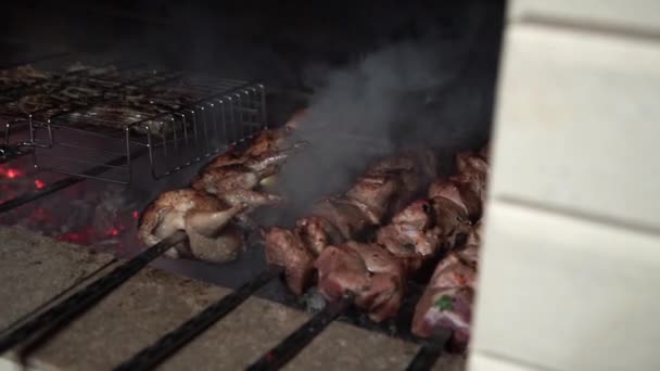 Nyárs sült a szabadtéri grill kandalló — Stock videók