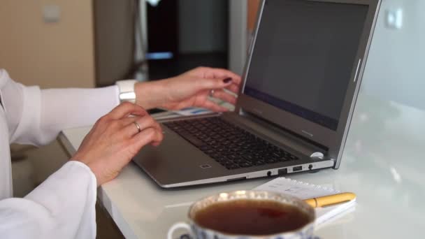 Skriva på laptop, kvinnliga händer. — Stockvideo