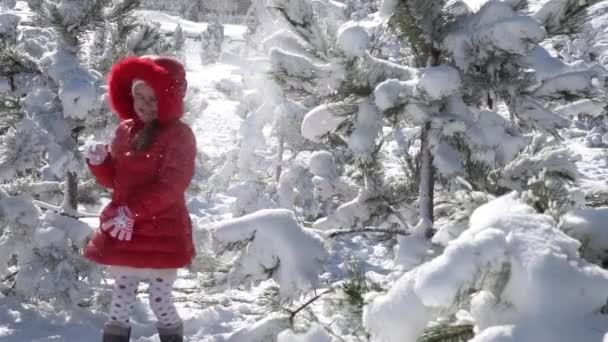 Klein meisje spelen met sneeuwballen — Stockvideo