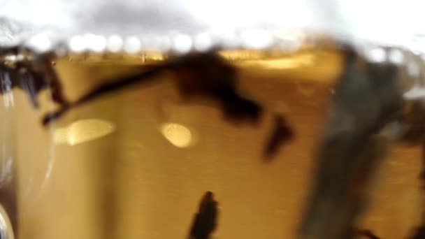 Wasser aus nächster Nähe. Tee im Glasbecher aufbrühen. — Stockvideo