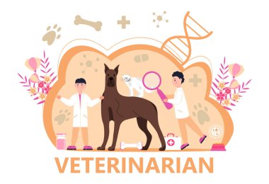 Veteriner konsept vektörü. Hayvan doktorları hastalık teşhisi koyuyor. Web sitesi için hayvan sağlığı hizmeti. Veteriner hekim hastalıkları tedavi eden hayvanlar..