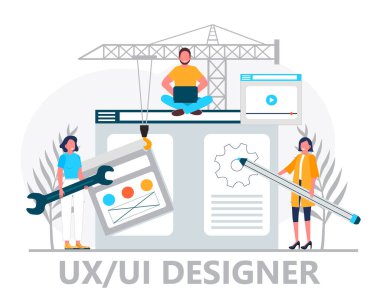 UI, UX konsept vektörü. Tasarımcılar iniş sayfası tasarımı yapıyorlar. Sorumlu web sitesi şablonunun inşası için kullanıcı arayüzü ve kullanıcı deneyimi.