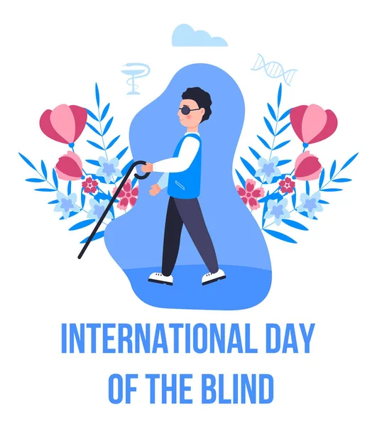 Międzynarodowy dzień ślepego wektora koncepcji. Wydarzenie obchodzone jest w listopadzie. Niewidomy człowiek z trzcinami ciemne okulary są pokazane — Wektor stockowy