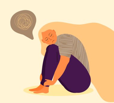 Stresli, hayal kırıklığına uğramış kız konsepti vektörü. Hayattaki suçlama sahnesi, işteki depresyon. Uzun saçlı üzgün bir kız oturur ve dizlerine sarılır. Zor görev, sorun