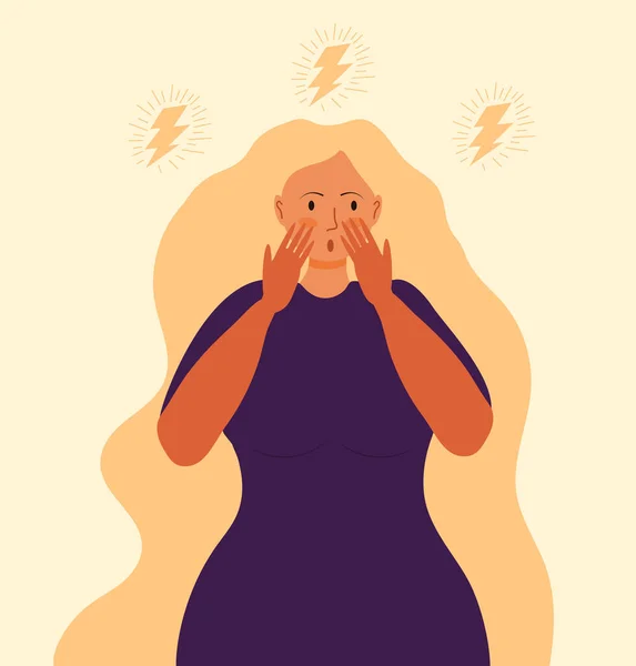 Stressed, frustrated girl concept vector. Horror, shock and scene of accusation in life, depression in work. Upset girl with long hair. Difficult task, problem — Stock Vector