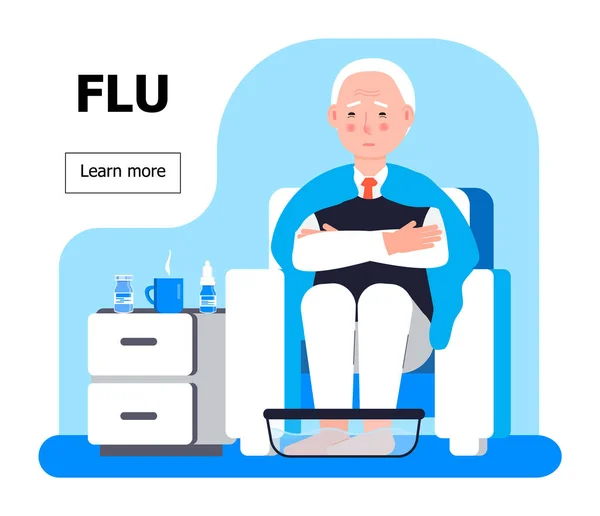 Flu 컨셉트 벡터. 노인이 안락 의자에 앉아 있습니다. 사람은 물 속에서 발을 따뜻하게 해준다. 환자의 감기, 독감 — 스톡 벡터