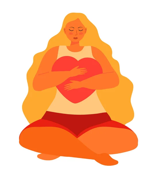 Мила жінка з довгим світлим волоссям ретельно обіймає велике серце і сидить в позі лотоса йоги. Жінка тримає червоне серце в руках. Любов до себе, високу повагу і позитивне тіло — стоковий вектор