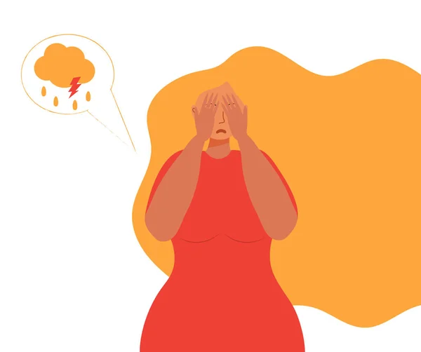 Panic attack av kvinna koncept vektor. Sorglig, gråtande kvinna med långt blont hår och röd klänning. Moln med regndroppar. Depression, sorg, mental hälsa illustration — Stock vektor