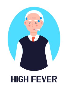 Kıdemli ikon vektörünün yüksek ateşi. Grip, soğuk algınlığı, koronavirüs belirtileri görülüyor. Yaşlı kadının ateşi var ve termometre alıyor. Etkilenmiş kişi illüstrasyonu. Solunum hastalıkları konsepti.