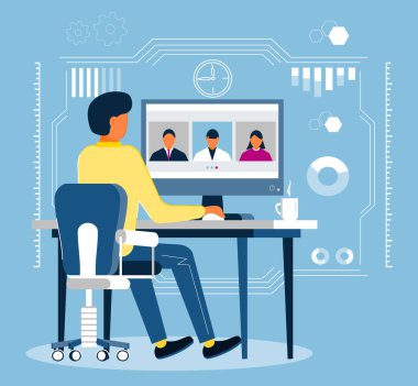 Uzaktan kumanda sınıfı ders çalışıyor. Video konferans konsept vektörü. Karantina sırasındaki sosyal mesafeler. Üniversite çevrimiçi kurs illüstrasyonu. Telekonferans ve Webinar konsepti. Öğretmen çalışıyor.