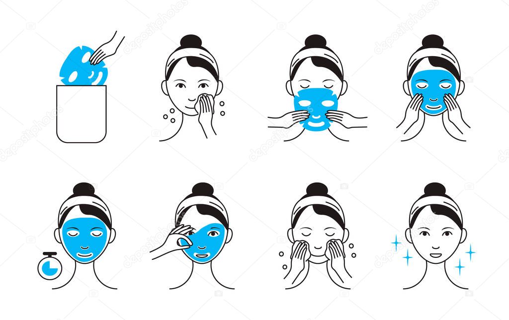 Facial mask sheet applying vector. Girl shows steps how to cleaning, whiting face and use cosmetic mask. Info-graphic in outline style illustration isolated on white background.