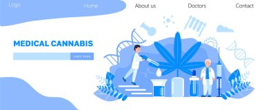 Tıbbi kenevir konsept vektörü. Küçük doktorlar tıbbi marihuana, kanabinoidler ve tıbbi ilaçların avantajlarını gösteriyor. CDB yağlı bir şişe. Sağlık hizmetleri ana sayfası, web sitesi şablonu.