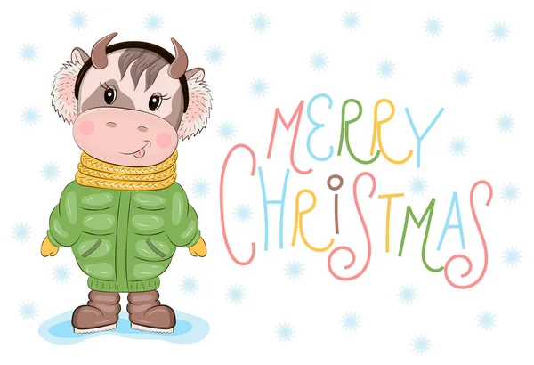 2021 Noel 'inde karikatür boğa vektörü, yeni yıl davetiyesi. Şirin bebek inek yeşil ceket giyiyor. Koyu çizme. Poster, çıkartma, kartpostal, tişört çizimi. Xmas harfleri — Stok Vektör