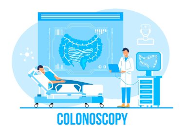 Colonoscopy concept vector for medical web. app. blog. Intestine doctors examine, treat dysbiosis. Tiny therapist of proctology make colonoscopy. Proctologist. clipart