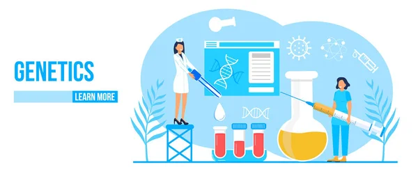 Genetik Konzeptvektor. Innovation, wissenschaftliche Forschung und Online-Studium. Chemie, Medizinforscher arbeiten. Wissenschaftler untersuchen DNA, Genom. — Stockvektor