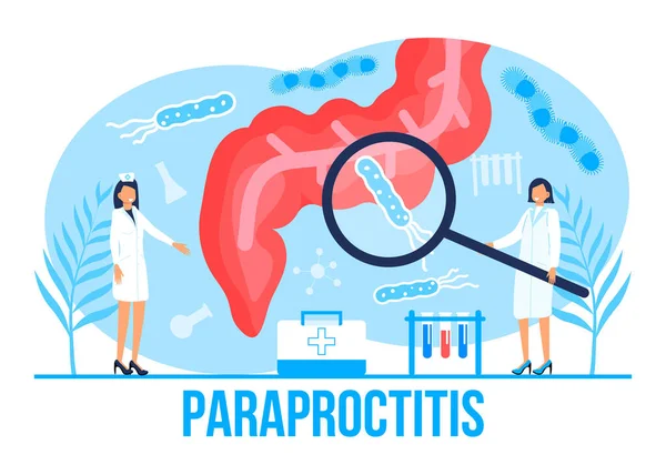 Para proctitis έννοια διάνυσμα για την ιατρική web. εφαρμογή. blog. Εντερικοί γιατροί εξετάζουν, θεραπεύουν τη δυσβίωση. Ο μικροσκοπικός θεραπευτής της πρωκτολογίας κάνει κολονοσκόπηση. Πρωκτολόγος. — Διανυσματικό Αρχείο