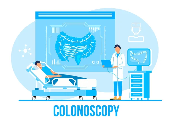 Colonoscopie concept vector voor medisch web. app. blog. Artsen in de darmen onderzoeken, behandelen dysbiose. Kleine therapeut van de proctologie maakt colonoscopie. Proctoloog. — Stockvector