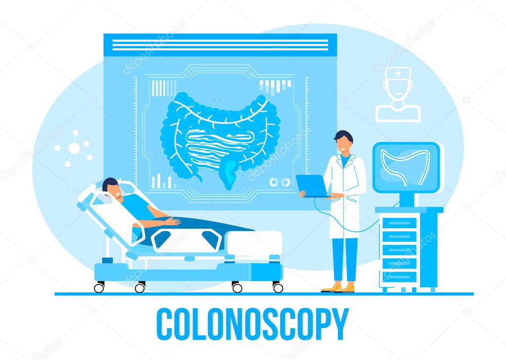 Colonoscopy concept vector for medical web. app. blog. Intestine doctors examine, treat dysbiosis. Tiny therapist of proctology make colonoscopy. Proctologist.