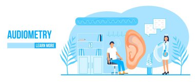 İniş sayfası başlığı için otolaryngologist vektör şablonu Audiometri. Küçük doktorlar hasta kulağını tedavi edip muayene ederler. Otolaryngology sağlık hizmeti konsepti. Toplantı, seminer, çeşitli sağırlar.