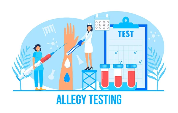 Koncepcja alergologa dla medycznych stron internetowych i stron docelowych, blog. Choroba skóry i problemy dermatologiczne. Ilustracja testów alergicznych. Łuszczyca, bielactwo, zapalenie skóry, wysypka. — Wektor stockowy