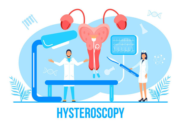 Hysteroscopy of uterus, womb concept vector. Endometriosis, endometrium dysfunctionality, removal of polyps are shown.