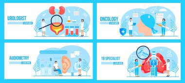 Urologist,oncologist, tb specialist, audiometer concept set vector for medical website. Pulmonary fibrosis, tuberculosis, pneumonia illustration clipart
