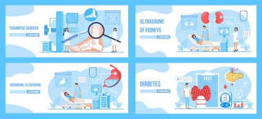 Travmatik cerrah, karın, böbrek ultrasonu, diyabet konsepti belirlenmiş vektör. Endoskopi sağlık teknolojisi konsept vektörü. Küçük doktorlar mide araştırması yapar..