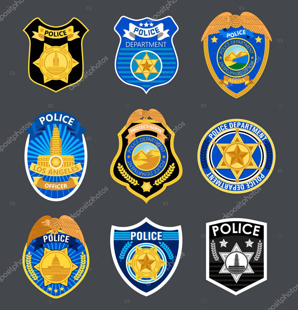 Police badges set vector. Sheriff, marshal label illustrations. Law enforcement emblems for national days. Ranger, policeman medallions. Signs, stickers of security federal agent.