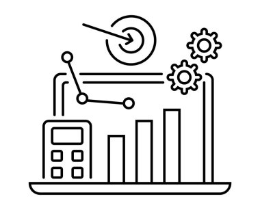 Analitik simge. İş, pazarlama stratejisi taslak tarzında illüstrasyon. Başarılı takım çalışması ve yarışma sahnesi. Laptop, grafik, vites, hedef