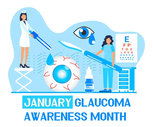 Der Glaukom-Aufklärungsmonat wird in den USA im Januar begangen. Lentikular-Opazitätsdiagnose. Augenarzt Sehtest mit winzigen Menschen Charakter. Optometrischer Gesundheitsvektor — Stockvektor