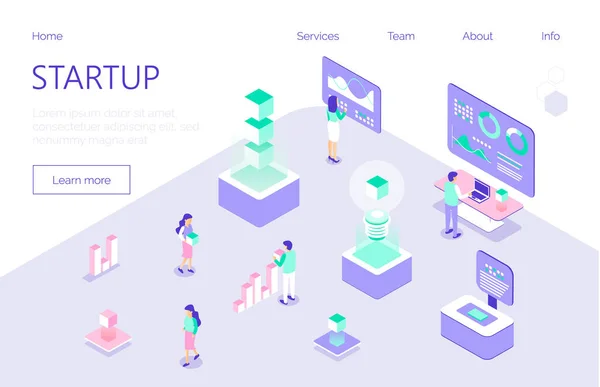 Opstart- en co-working office concept vector. Freelancers, zakenman voor expo, forex, illustratie. Internet communicatie bedrijf in trendy isometrische — Stockvector