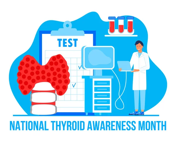 El Mes de Concientización sobre la Tiroides se celebra en enero en Estados Unidos. Hipotiroidismo vector concepto. Endocrinólogos diagnostican y tratan la glándula tiroides humana. — Vector de stock