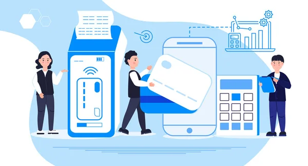 NFC 터미널 컨셉트 벡터. NFC 는 은행 신용 카드로 결제 한다. POS 터미널은 스마트폰을 사용하여 전자 결제를 확인 한다. 조그마 한 고객들이 무심 한 혹은 무선 구매를 한다. — 스톡 벡터