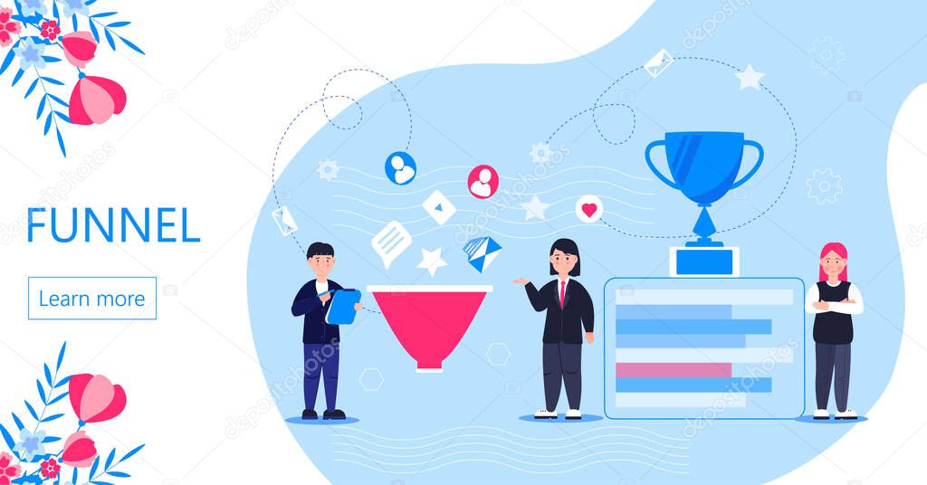Feedback and rating stars, e-mails are falling into funnel. Cup award for active followers. web banner. Customer review flat concept for landing page, web banner.