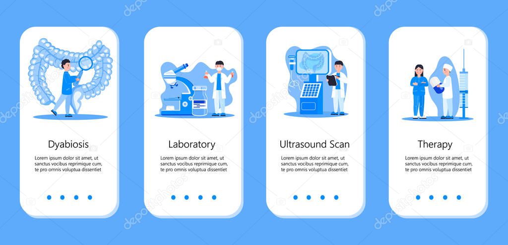 Intestine doctors examine, treat dysbiosis. Tiny therapist looks through a magnifying glass at harmful bacteria. Health care app templates vector in flat style for landing page, website, app, banner.
