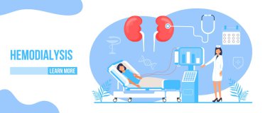 Hemodiyaliz konsepti vektörü. Akut ve kronik böbrek yetmezliğinde dünya dışı kan temizleme yöntemi. Küçük doktorlar tedavi eder, böbrekleri test eder. Web sitesi için mavi şablon, iniş sayfası.