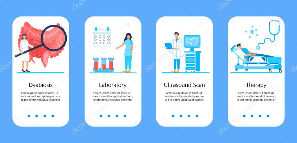 Intestine doctors examine, treat dysbiosis. Tiny therapist looks through a magnifying glass at harmful bacteria. Health care app templates in flat style for landing page, website, app, banner.
