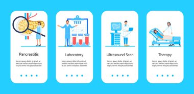 Pankreas doktorları, ultrason yapın. Küçücük bir terapist büyüteçten bakar. Uygulama, web, broşür vektörü için sağlık hizmeti düzlüğü kavramı. Endokrin sistemlerinin kronik sorunları.