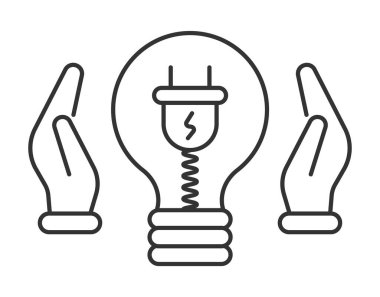 Güç tasarruf simgesi vektörü. Lamba ve soket, ampulün içine tel dök. Eller enerjiden tasarruf eder. Işık ekonomisi.