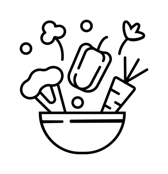 Icono de menú estacional en estilo de esquema. Coliflor, pimientos, zanahorias, verduras caen en el tazón. El perejil, el apio y los guisantes se añaden al plato. Comida vegana o ensalada —  Fotos de Stock