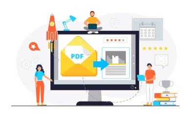 Jpeg 'den PDF dönüştürücüsü, kelime belgesi konsepti. Belgenin başka bir biçime dönüştürülme sürecini değiştiren veya değiştiren ekran. Uygulama, web sitesi, pankart için düz vektör illüstrasyonu