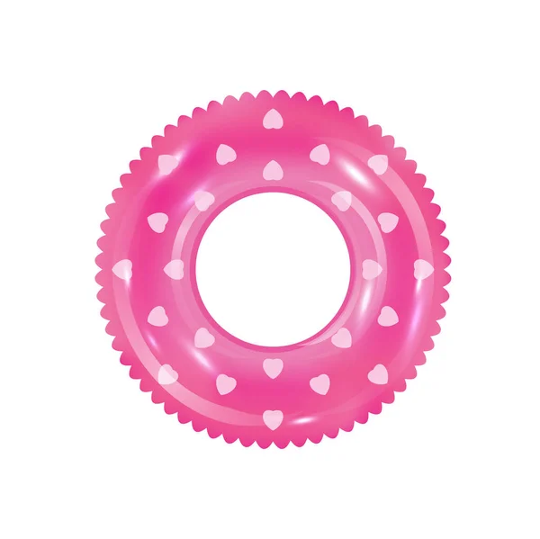 Anillo inflable rosa vector. juguete de natación realista 3d en vista frontal aislado sobre fondo de escritura. Pista de caucho con corazones en la superficie. Parque acuático piscina juguete — Vector de stock